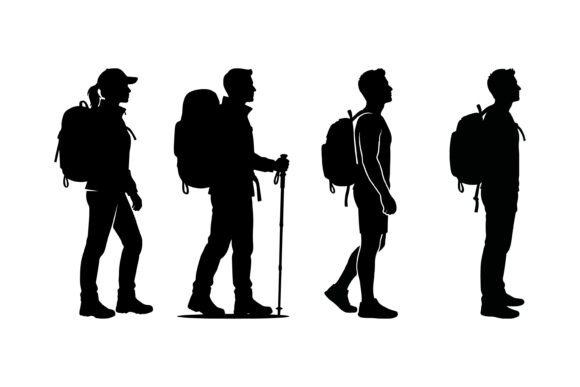 Silhouettes of People Walking with Backpacks